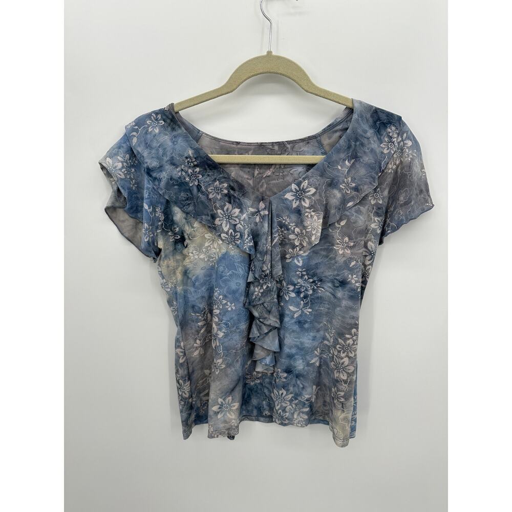 Unbranded Boho Fairy Top Size M Blue Floral Tie Dye Ruffle‎ Y2K T-Shirt